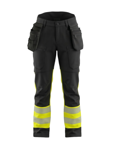 Ziemas darba bikses CARGO PLUS Hi-Vis 1.klase melnas/dzeltenas, 4-virzienu stiepjamas ar Softshell TPU membrānu | BoSafety WT-CARGOPLUS-C1-0204